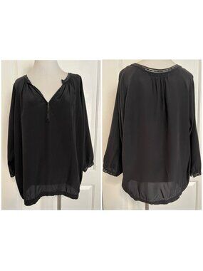 $295 VINCE Designer 100% Silk 3/4 Sleeve Dolman V Neck Blouse Top Black Chic L